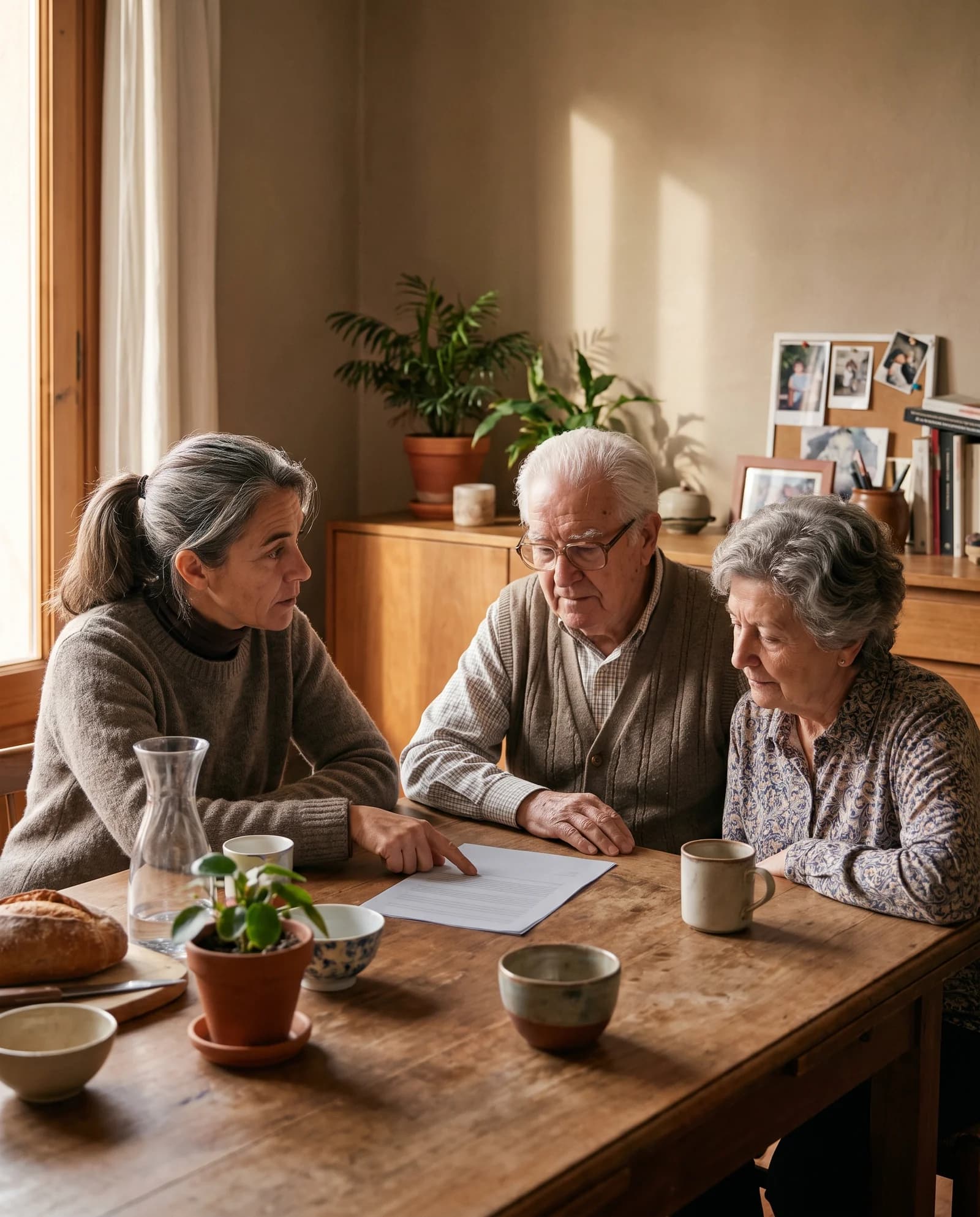Tres personas sentadas a una mesa de comedor miran juntas un documento; una de ellas lo señala con el dedo.