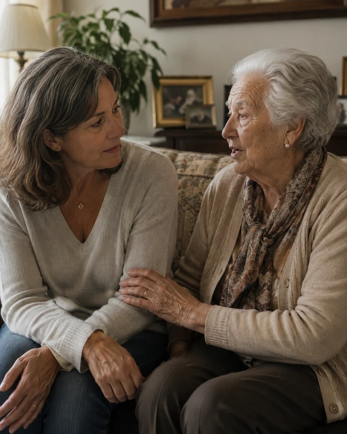 Dos mujeres, una mayor y otra de mediana edad, conversan sentadas en el sofá de un salón; la mayor apoya una mano en el brazo de la otra.