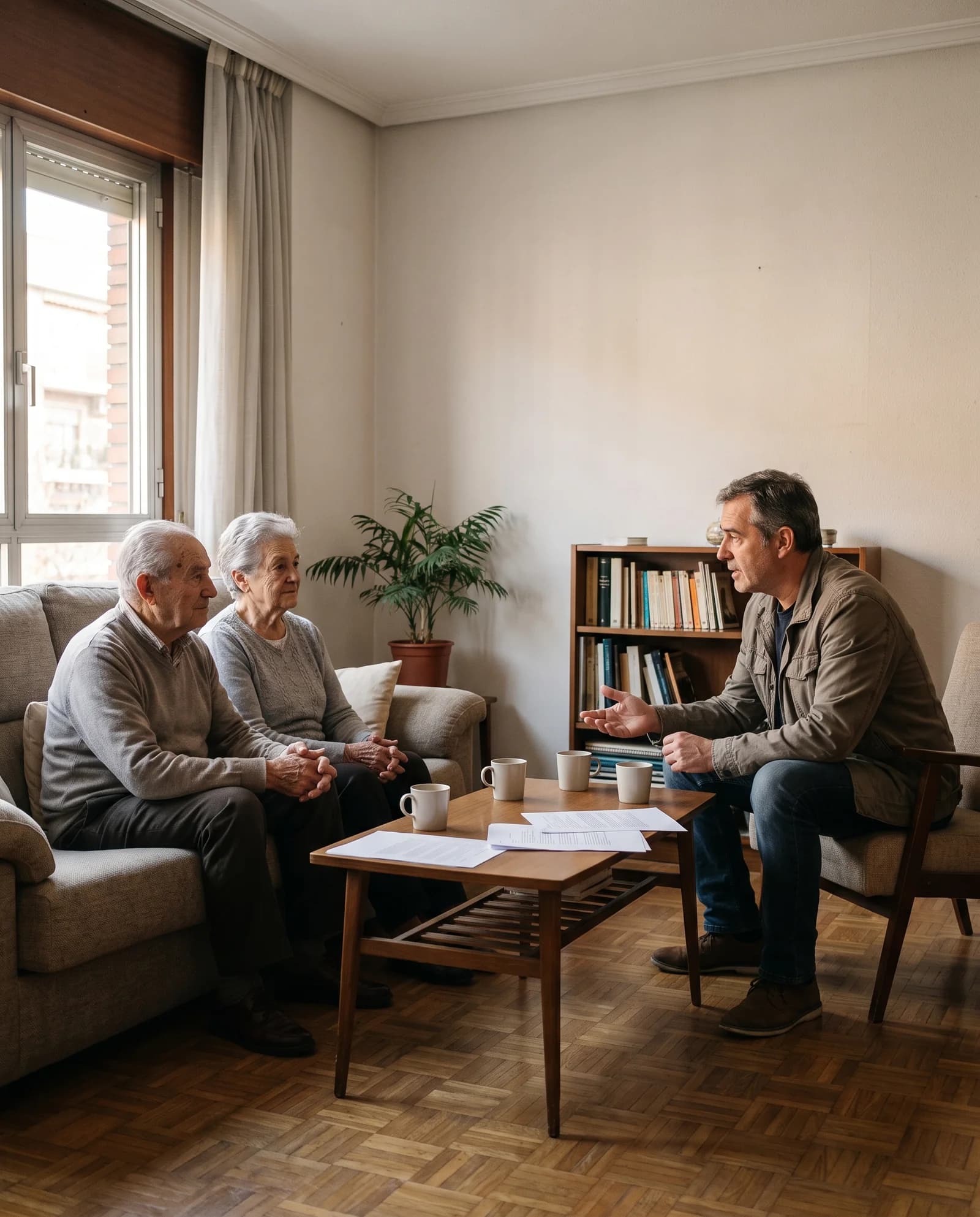 Dos personas mayores sentadas en un sofá conversan con otra persona en un salón, con papeles y dos tazas sobre la mesa.