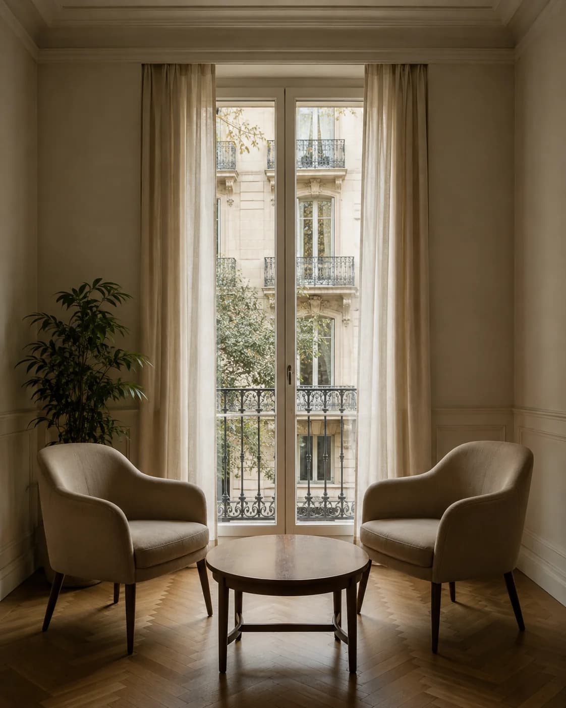 Una sala de reuniones vacía, con dos butacas y una mesa baja frente a un balcón.